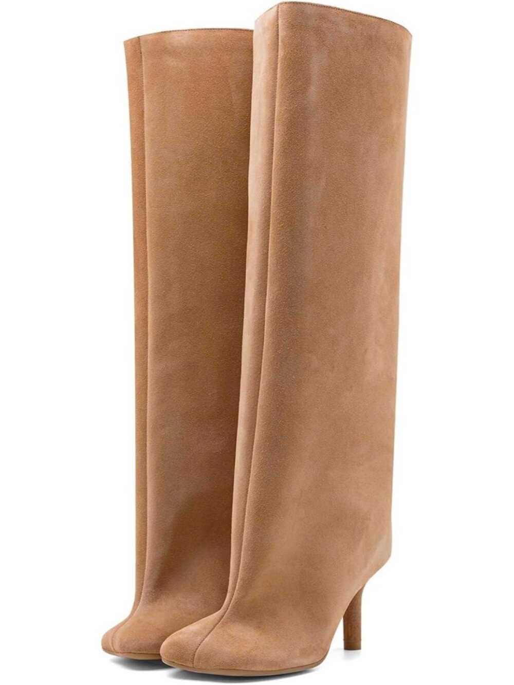 Women's Nude Comfortable Pull On Stiletto Heels Square Toe Long Booties